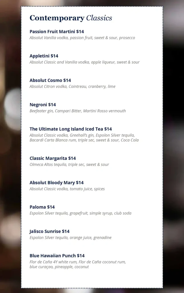 MSC Bar Menu - Contemporary Classics