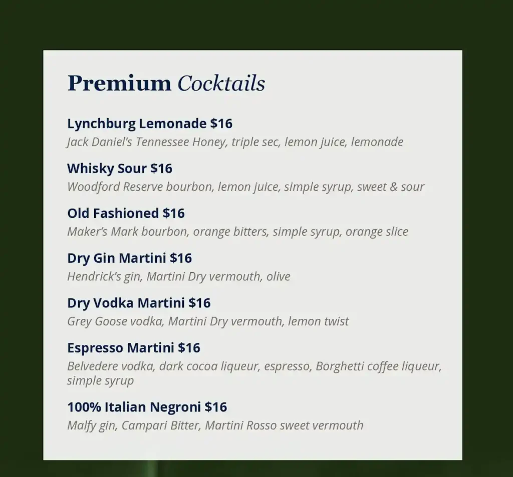 MSC Bar Menu - Premium Cocktails