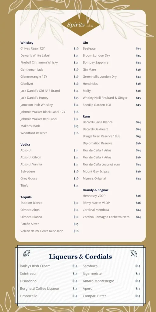 MSC Bar Menu - Spirits