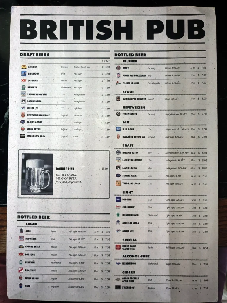 MSC Meraviglia Brass Anchor Pub Beer Menu