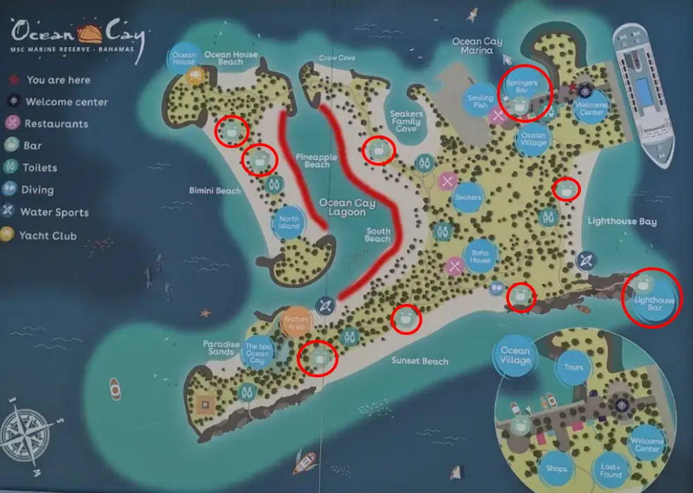 MSC Ocean Cay Map with Bars Highlighted