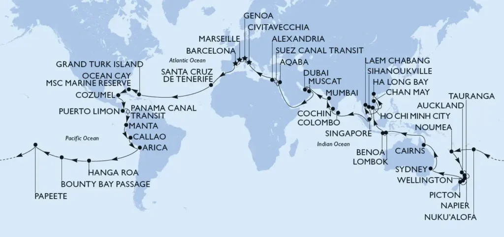 MSC World Cruise Itinerary