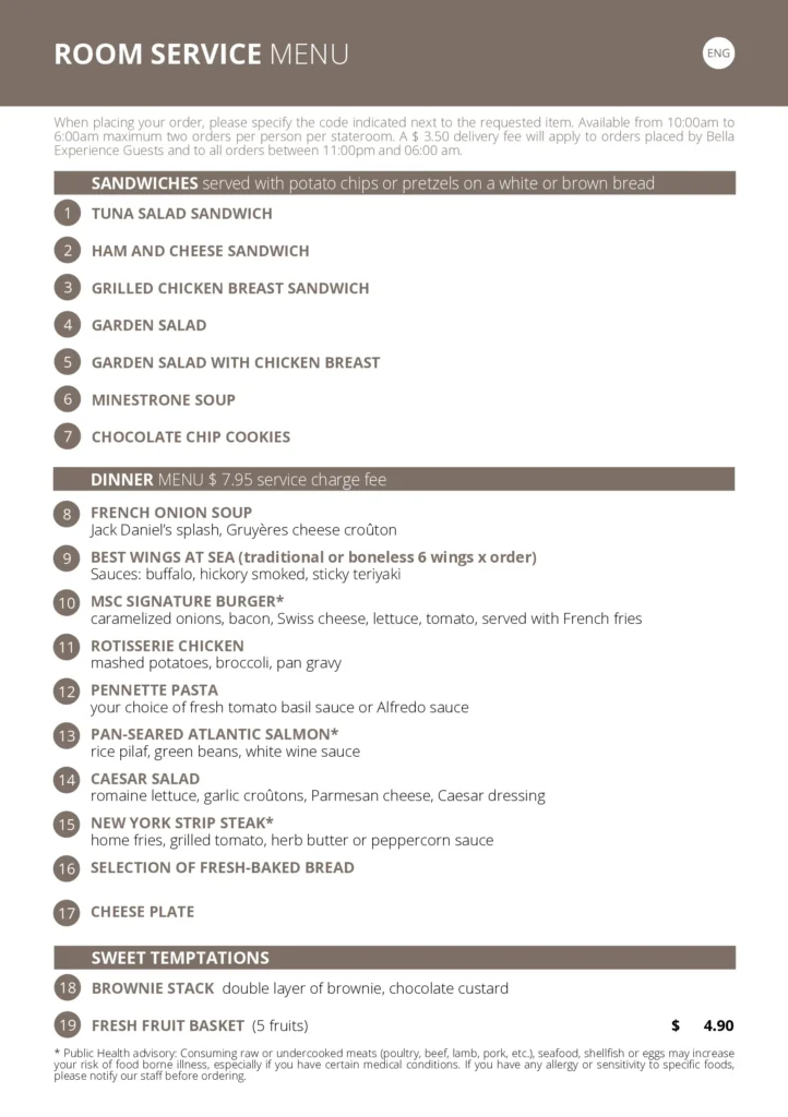 MSC Room Service Menu Page 4