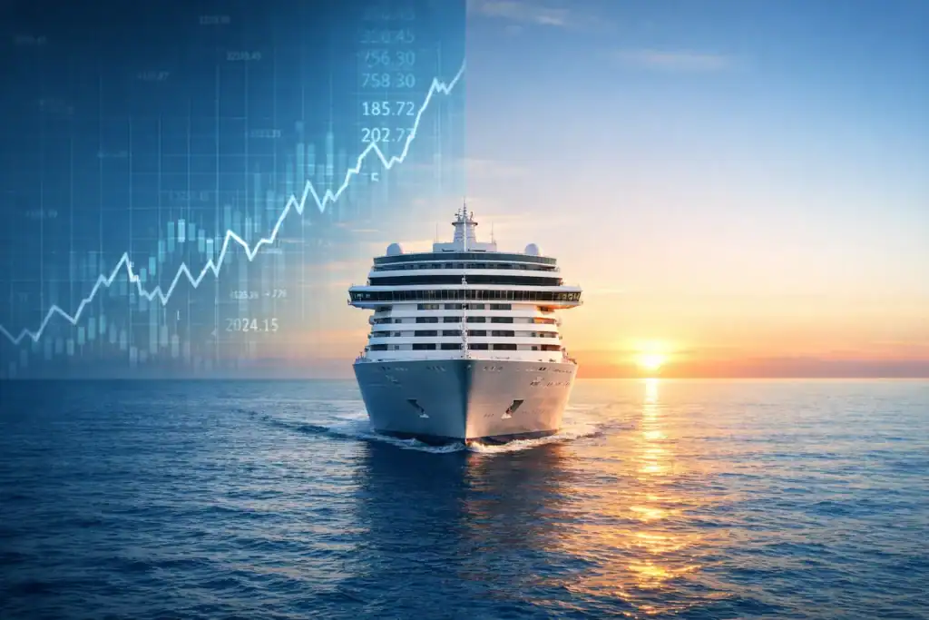 An Activist Investor Just Took a 10%+ Stake in Norwegian And Highlights Why MSC’s Private Ownership Matters Cruise Ship at Sea with a Stock Chart in the Background