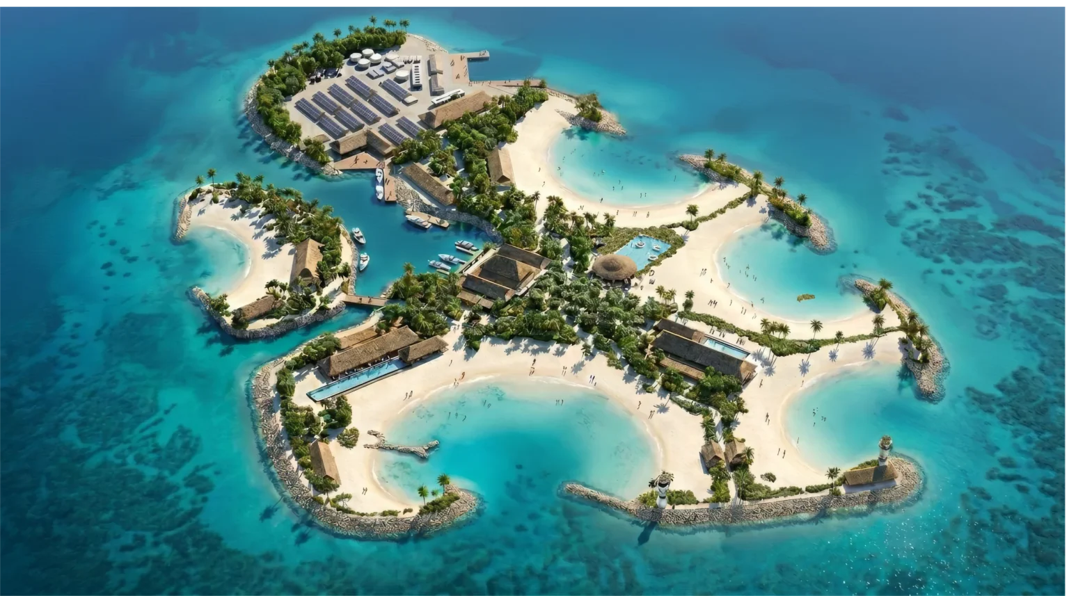 MSC Announces Sandy Cay Groundbreaking, Keeps 2028 Opening Plan Artist's aerial rendering of Sandy Cay with beaches and landscaped resort areas in the Bahamas.