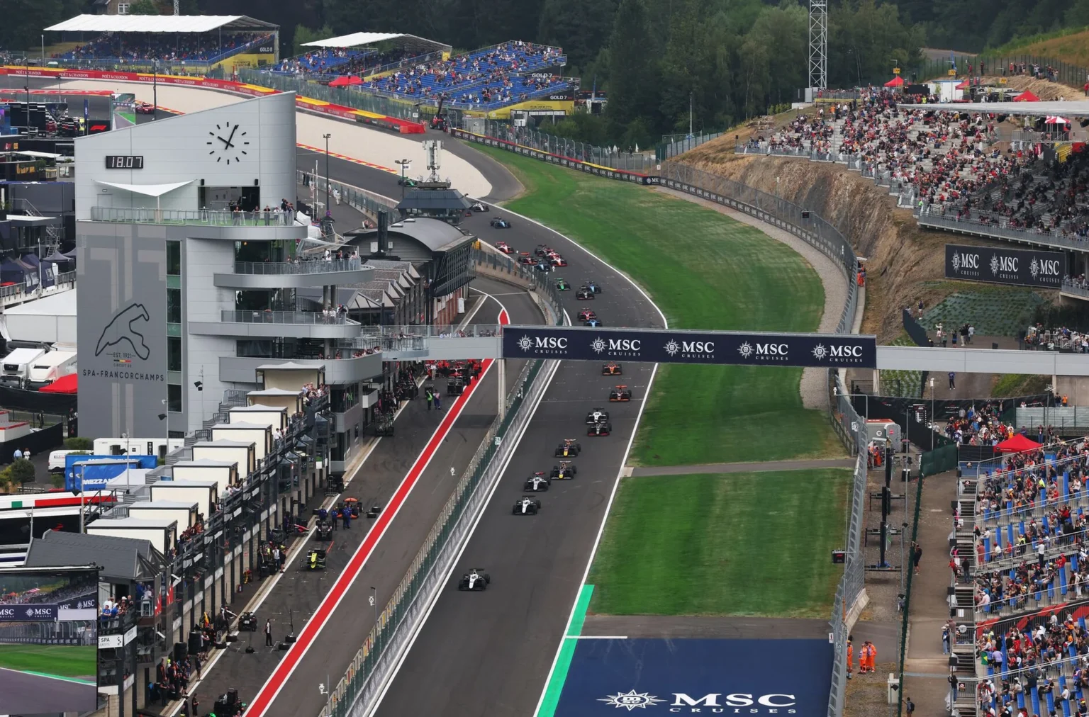 Formula racing cars on track at Spa-Francorchamps in Belgium