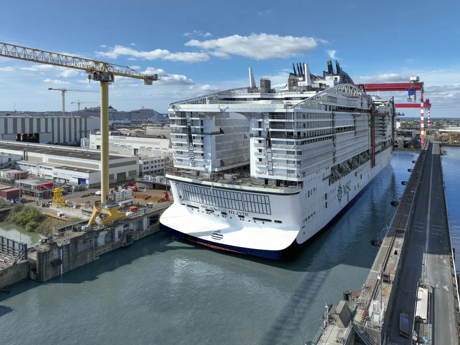 MSC World Atlantic Floats Out Ahead of Port Canaveral Debut MSC World Atlantic floating out at the Chantiers de l'Atlantique shipyard.